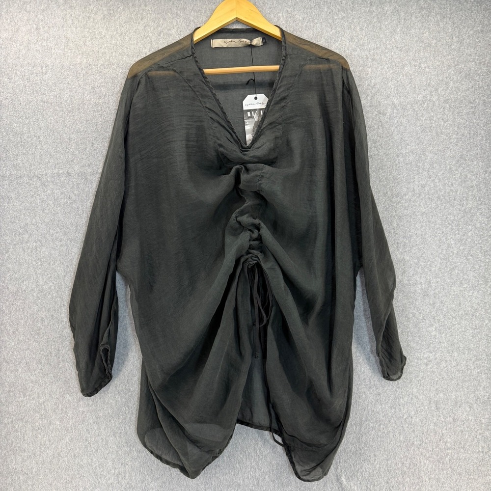 Cynthia Ashby Womens Medium Silk Top Blouse V-Neck Ruched Scrunch Front FLAW NWT